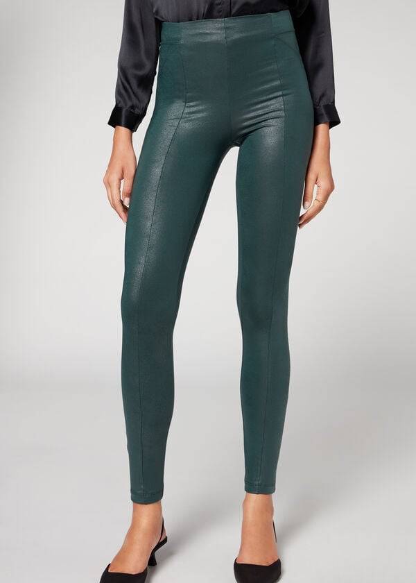 Leggings Calzedonia Coated Total Shaper Biker Verdes | BR2633YU