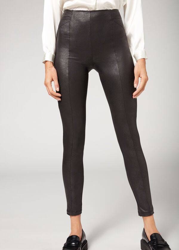 Leggings Calzedonia Coated Total Shaper Biker Pretas | BR2634TV