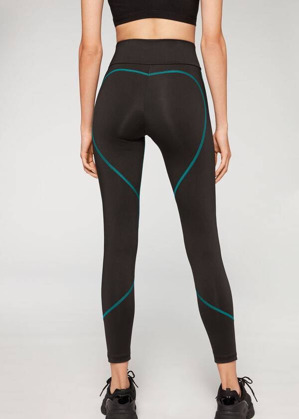 Leggings Calzedonia Contrast Seam Performance Athletic Pretas Verdes | BR2636EX