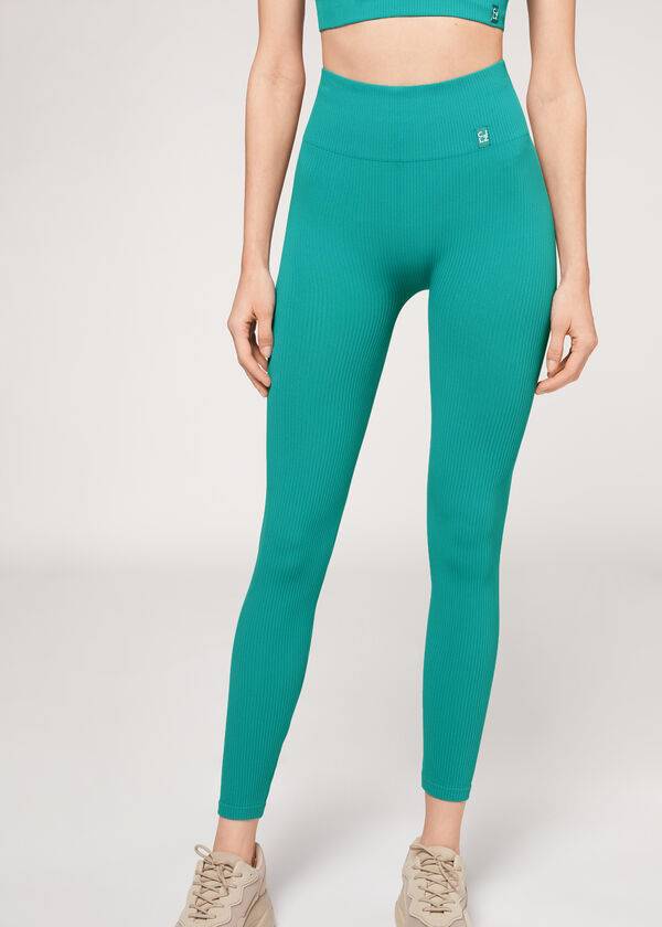 Leggings Calzedonia Fine Ribbed Seamless Sport Turquesa | BR2646AP