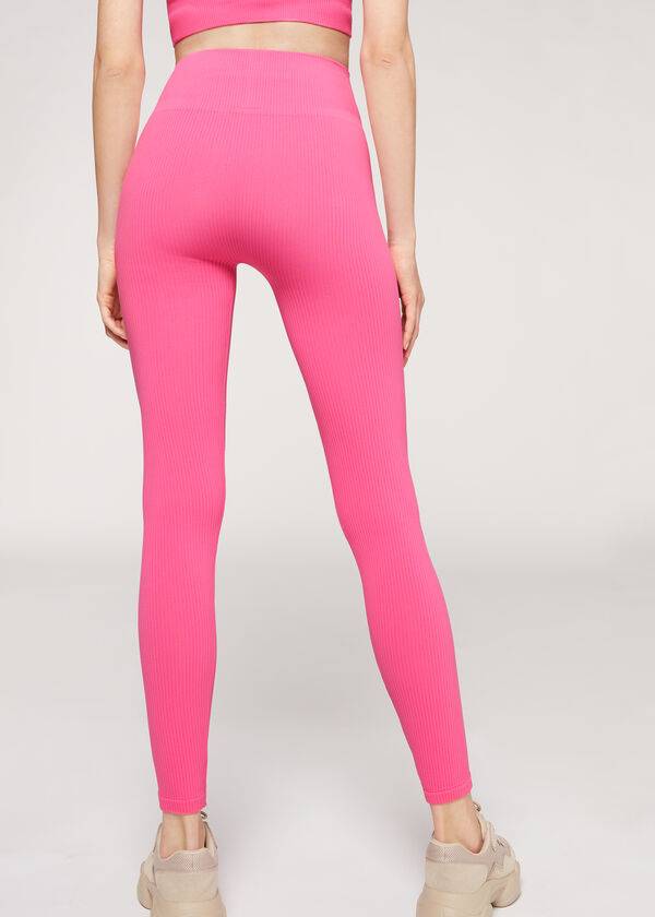 Leggings Calzedonia Fine Ribbed Seamless Sport Rosa | BR2648OR