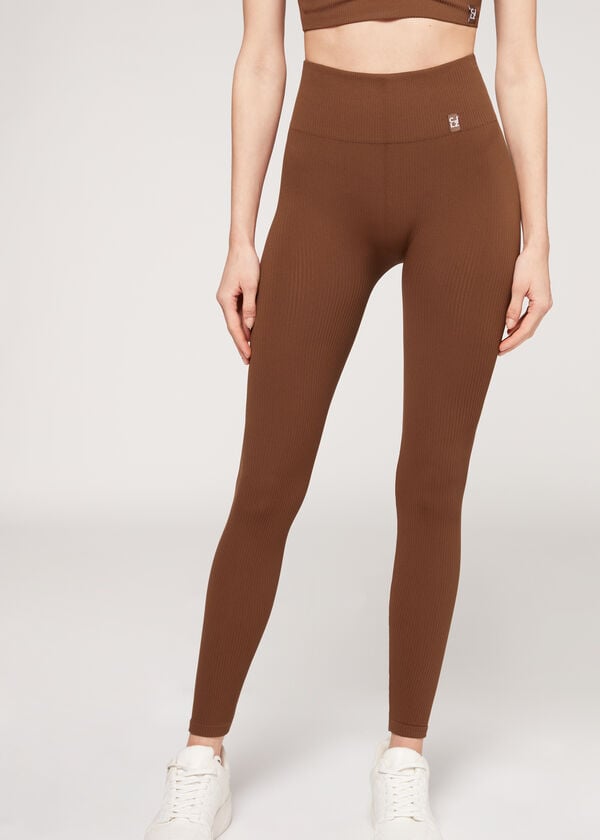 Leggings Calzedonia Fine Ribbed Seamless Sport Marrom | BR2649IS