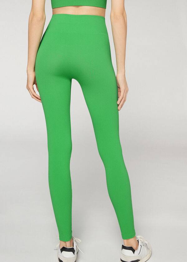 Leggings Calzedonia Fine Ribbed Seamless Sport Verdes | BR2652TV