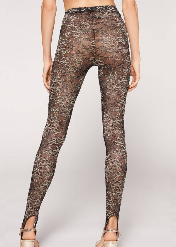 Leggings Calzedonia Glitter Lace Stirrup Marrom Pretas | BR2655WY