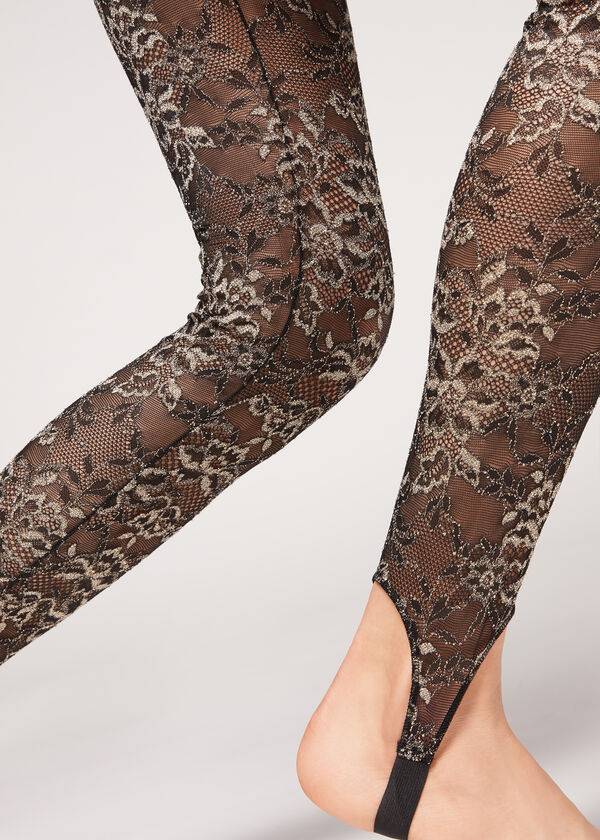 Leggings Calzedonia Glitter Lace Stirrup Marrom Pretas | BR2655WY