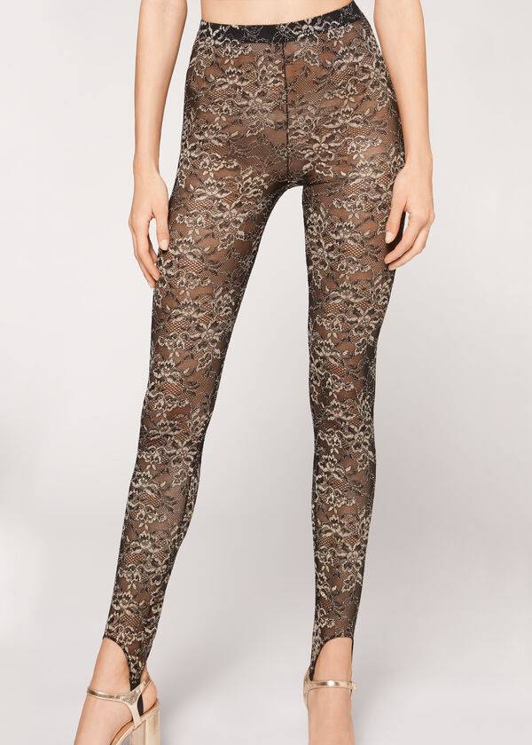 Leggings Calzedonia Glitter Lace Stirrup Marrom Pretas | BR2655WY