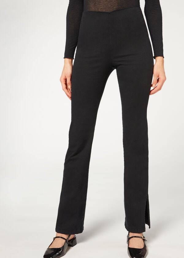 Leggings Calzedonia High-Waist Flared in Denim with Slits Pretas | BR2659BC