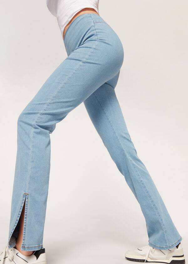 Leggings Calzedonia High-Waist Flared in Denim with Slits Azuis | BR2660VD