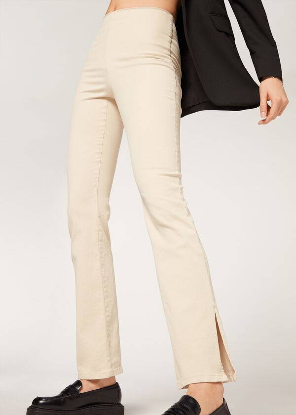 Leggings Calzedonia High-Waist Flared in Denim with Slits Marrom Bege | BR2661CE