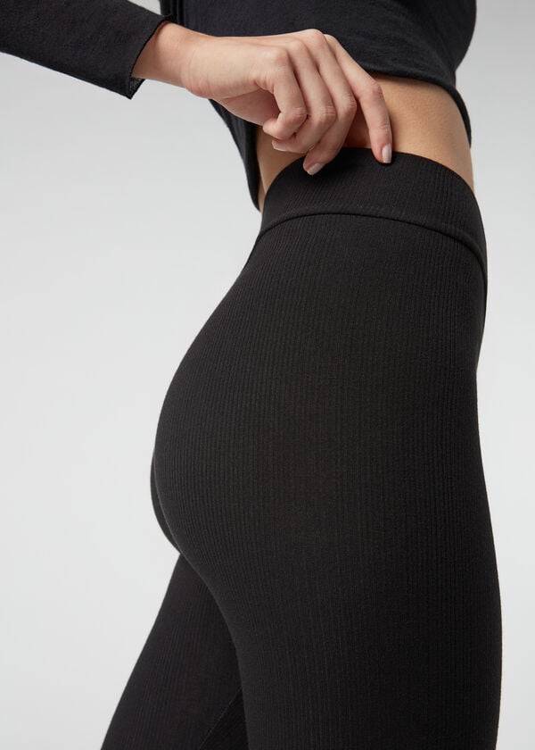 Leggings Calzedonia Ribbed with Cashmere Pretas | BR2675IS