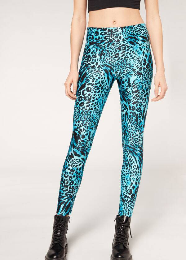 Leggings Calzedonia Shiny Animal-Print Athletic Turquesa | BR2681WY