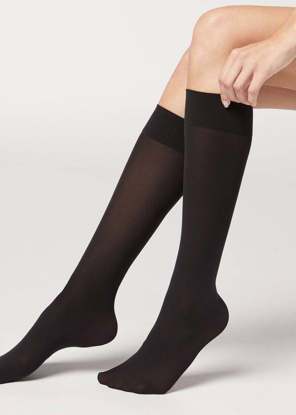 Meias Calzedonia 30 Denier Semi Opaque Microfiber Knee-Highs Long Pretas | BR2235WY