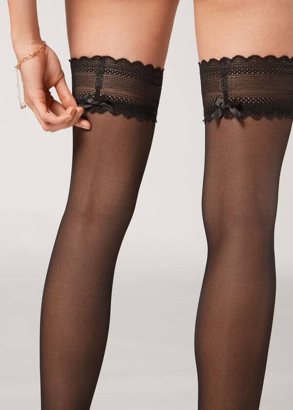 Meias Calzedonia Crochet 40 Denier Sheer Thigh Highs Pretas | BR1262JJ