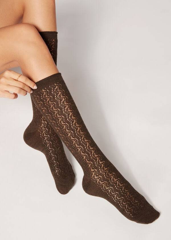 Meias Calzedonia Knee High with Open Knit Wool Long Marrom | BR2242OR