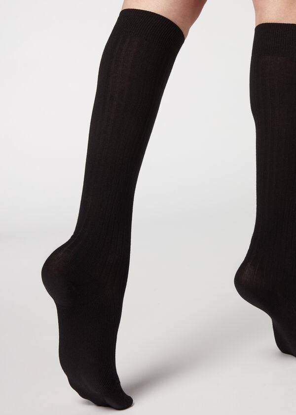 Meias Calzedonia Ribbed Long with Cashmere Pretas | BR2254XF