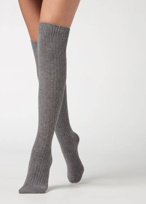 Meias Calzedonia Ribbed Long with Wool and Cashmere Cinzentas | BR2255CE