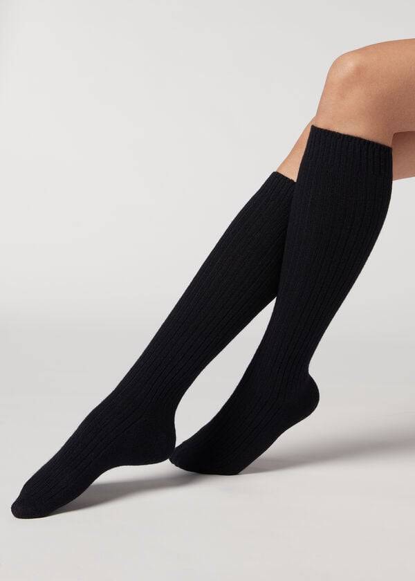 Meias Calzedonia Ribbed Long with Wool and Cashmere Azuis | BR2257BC