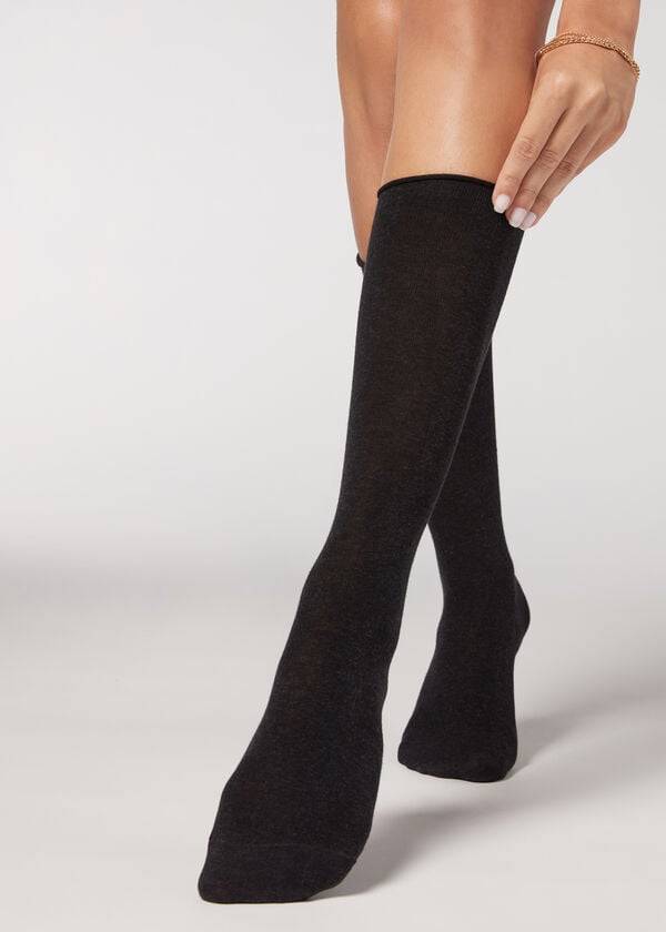 Meias Calzedonia Smooth Cotton Mid-Calf Long Cinzentas | BR2258NB