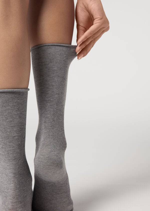 Meias Calzedonia Smooth Cotton Mid-Calf Long Prateadas | BR2262EX